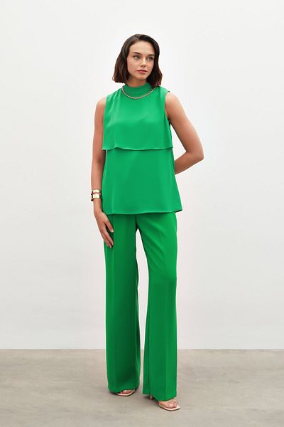 Sateen Flounce Blouse with Accessory Detail - Green