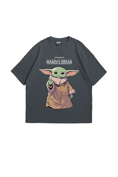 Sekizbiraltı Mandalorian Yoda Patterned - 24/1 Oversize Unisex Smok T-shirt
