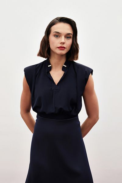 Sateen Collar Accessory Tank Top - Dark Blue