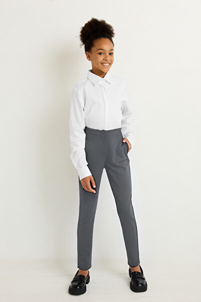 OKULCUBABA Сиви еластични панталони с ребра за момичета - еластична талия