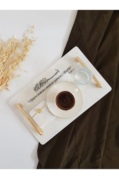 ioadesign Enfal - Groom's Coffee Set - Real Fine Marble Tray (32x20cm), Cup, Water Cup and Tugra Turkish Delight Holder