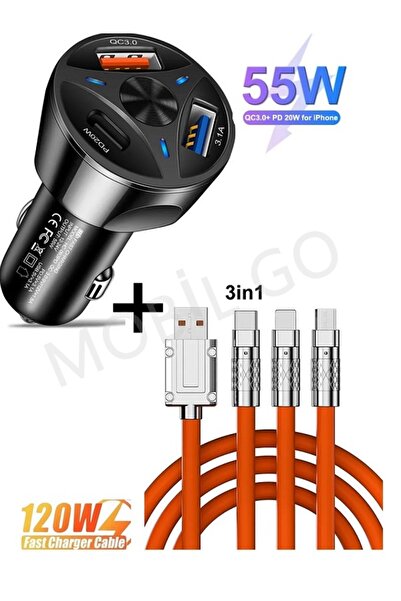 MOBİL GO Araç Çakmaklık 55W Hızlı Şarj Aleti + 3in1 Super Hızlı Şarj Kablosu ...