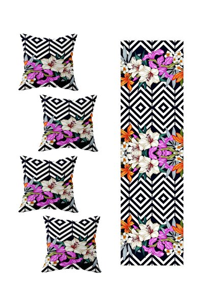 Pelangi Black Zigzag 4-Piece Throw Pillow Cover and Runner Set - Living Room ...