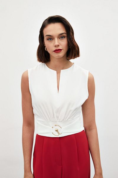 Sateen Ecru Tank Top - Buckle Detailed