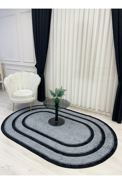 Brillant GRİ-SİYAH Hasır Jüt Sisal Bordürlü Görünümlü Oval  Dekoratif Halı