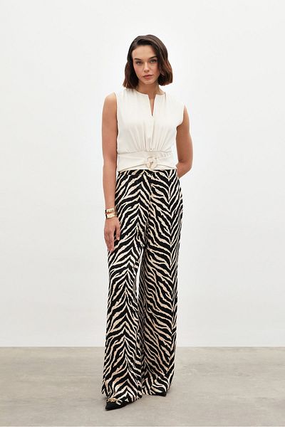 Sateen Beige Color Buckle Detailed Sleeveless Blouse