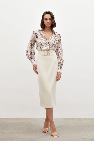 Sateen Beige Pencil Skirt - Accessory Detailed