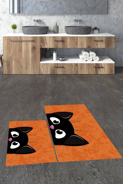 EY HOME Printed Washable Non-Slip Cat Patterned Double Bathroom Rug Mat Toilet Set