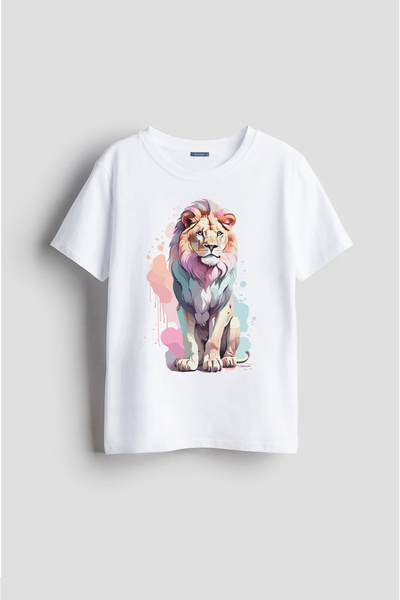 Darkia تي شيرت للأطفال للجنسين - نمط باستيل أسد، طباعة حيوانات، تصميم مخصص