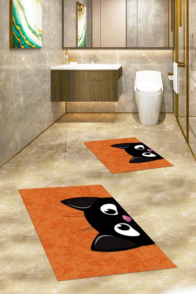 EY HOME Printed Washable Non-Slip Cat Patterned Double Bathroom Rug Mat Toilet Set