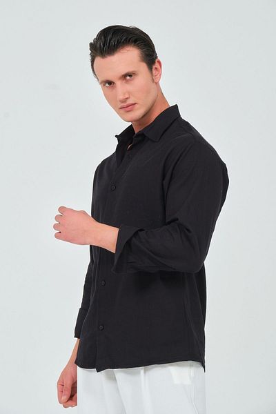 RELAXL Мъжка черна ленена риза Oversize - 100% памук, дълъг ръкав