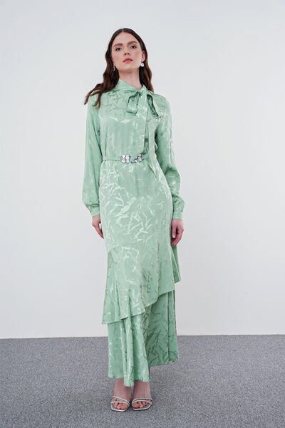 Zühre Fiyonk Yakalı Desenli Uzun Mint Elbise E-0373