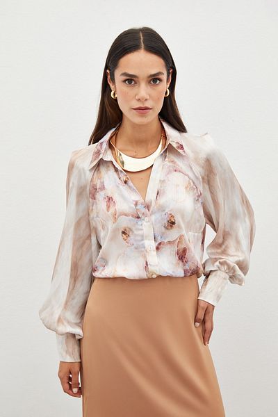 Sateen قميص منقوش بأكمام بالون - حجري