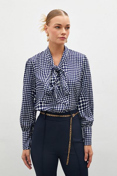 Sateen Sax Blue Patterned Shirt with Scarf