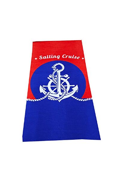 DOFİ 2024 Summer Beach Towel - Velvet, Patterned Printed, 70x140 cm, Red-Navy Blue