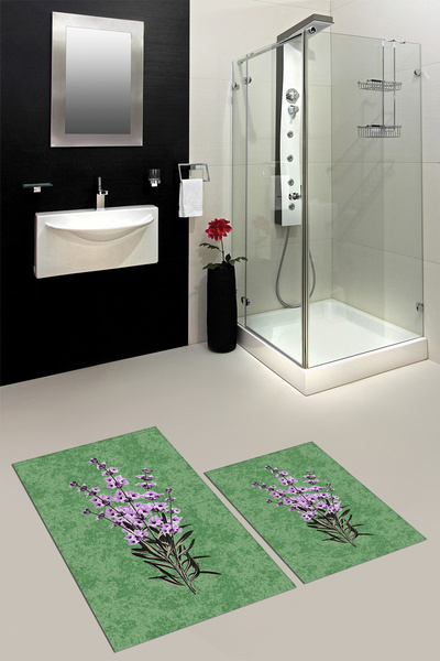 EY HOME Set de scaune de toaletă cu covor de baie dublu, lavabil, modern, floral, imprimat, KLOZET-29-GREEN,