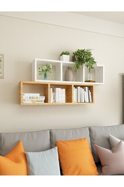 Dekormer Design Kitaplık Ofis Duvar Rafı Renkli Ikili Takım Beyaz Atlantik Çam