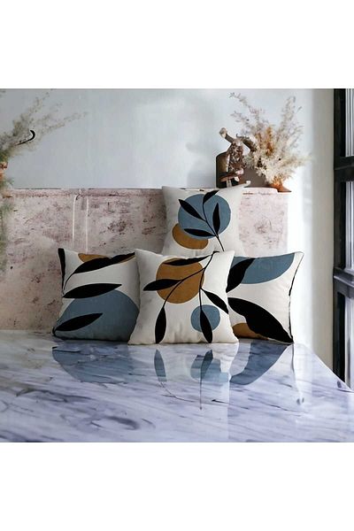 FLAMENCO TEKSTİL Set de 4 perne cu model cu frunze albastre imprimate digital - design modern simplu
