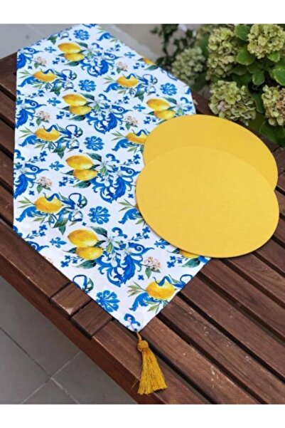 Çengelli İğne Barok Limon Desenli Runner + 2 Adet Sarı Supla Set
