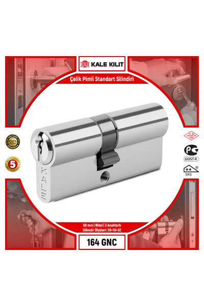 Kale Kilit Standard Cylinder with Steel Pin |   164 Gnc |   68 mm |   Nickel ...