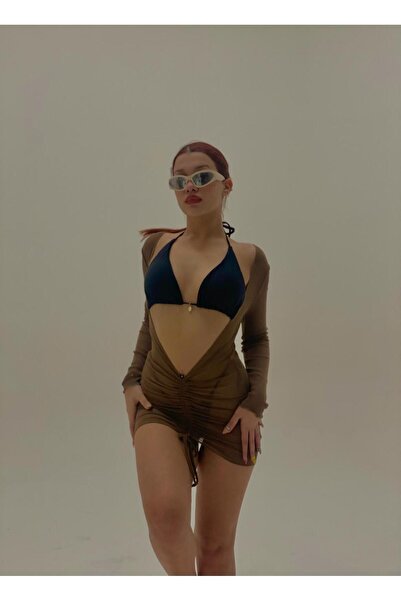 elifbilginbutik Kadın  kahverengi simli  düz  önü büzgülü vucudu saran pereo ...