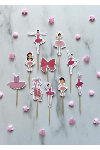 The Istanbul Event Pink Ballerina Concept 10-Piece Cupcake Topper Set - Birthday Speech Bubble and Sticks