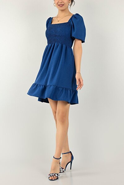 KaSheHa Mavi Carmen Yaka Fakir Kol Bürümcük Kumaş Gipeli Elbise 95 Cm