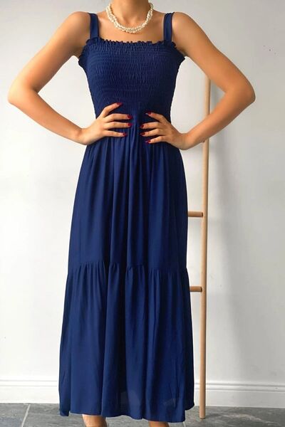 KaSheHa İndigo Sıfır Kol Gipeli Kalın Askılı Bürümcük Kumaş Elbise 125 Cm