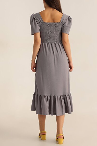 Siyah Kadın 125 Cm Balloon Sleeve Elastic Bodrum Dress - Arsenik Gray Wrapped Fabric