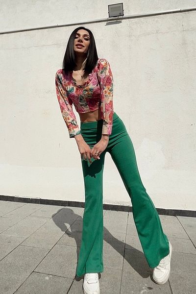 KaSheHa Green High Waist Lycra Flared Leg Trousers 100 cm