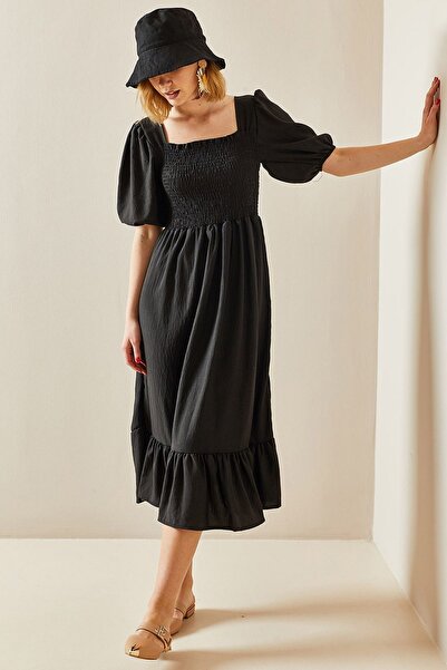 Siyah Kadın Siyah Bodrum Model Bel Ve Sırt Gipeli Bürümcük Kumaş Elbise 125 Cm