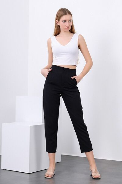 Siyah Kadın Siyah Yüksek Bel Pensli Çelik Kumaş Arka Detaylı Havuç Pantolon 9...