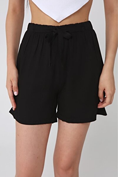 KaSheHa Siyah Kalın Bağcıklı Beli Lastikli Dokuma Viskon Şort 40 Cm