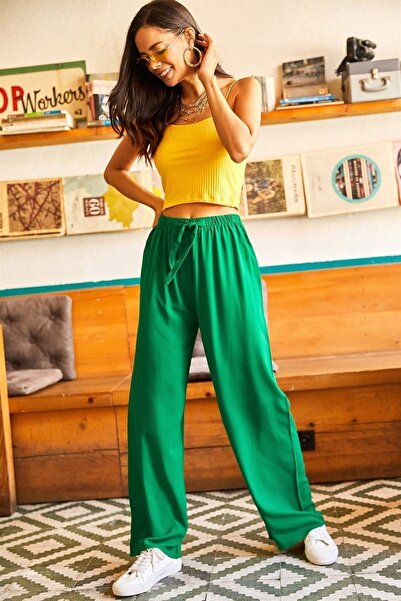 KaSheHa Çimen Yeşili Beli Lastikli Kuşaklı Dokuma Viskon Salaş Pantolon 100 Cm