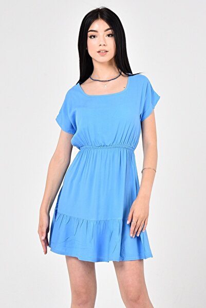KaSheHa Mavi Eteği Pileli Beli Lastikli Kısa Kollu Dokuma Viskon Kiloş Elbise 90 Cm