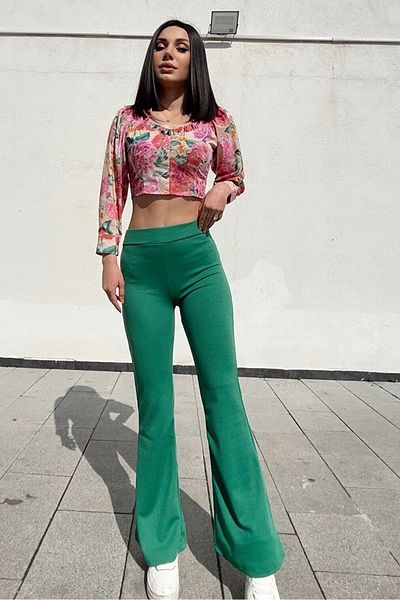 KaSheHa Green High Waist Lycra Flared Leg Trousers 100 cm
