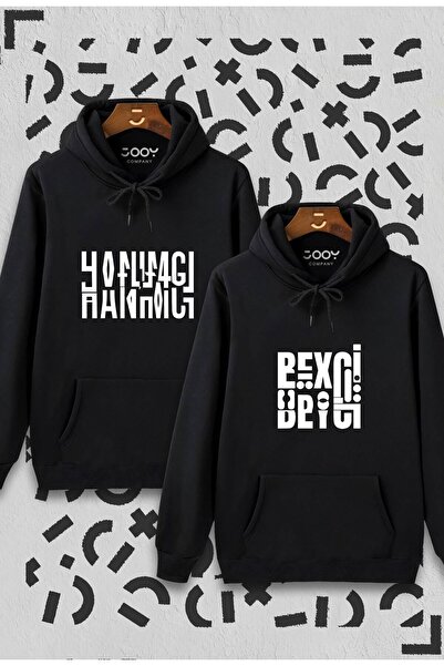 Jooy Company Hanımcı Beyci Sevgili Çift Kombini Katlamalı Tasarım Kapüşonlu Sweatshirt 2'li Set