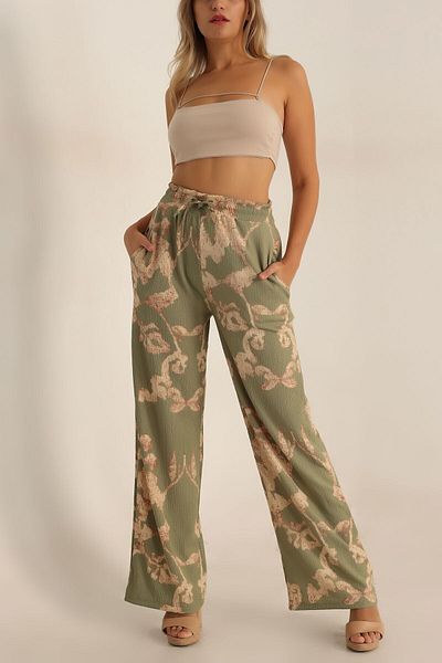 Siyah Kadın Beige Wrinkled Fabric Lace-Up Comfortable Fit Palazzo Trousers