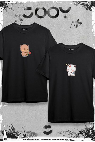 Jooy Company Lover Teddy Bear Printed Couple Συνδυασμός Μαύρο Oversize Tshirt Σετ 2 τεμαχίων