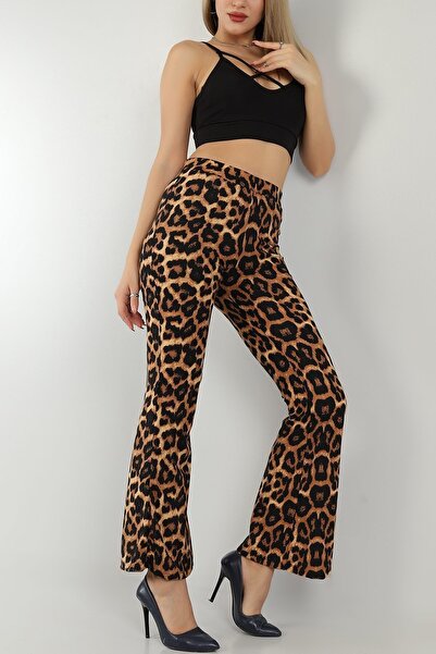 KaSheHa Leopard Patterned Suede Full Flexible Flare Leg Trousers 100 cm