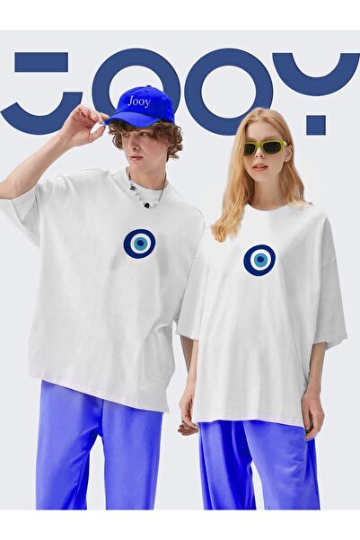 Jooy Company Nazar Boncuğu Tasarım Sevgili Çift Kombini Beyaz Oversize Tshirt 2'li Set