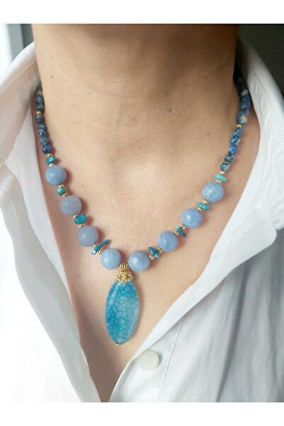 DEVİ fashion Mavi Kristal Kuvars Doğal Taş Tasarım Kolye