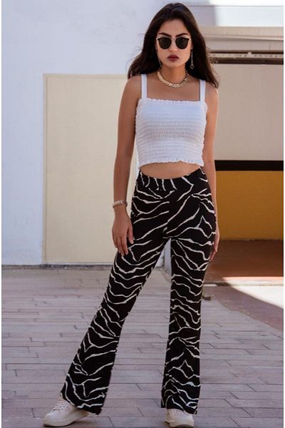 KaSheHa Marble Patterned High Waist Full Flexible Flared Leg Trousers 100 cm