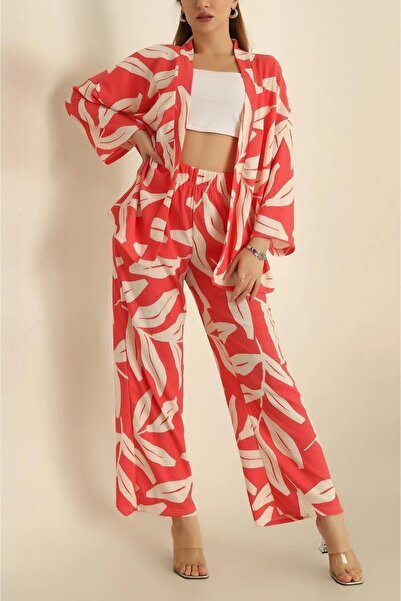 Siyah Kadın Nar Çiçeği Krinkıl Bürümcük Yaprak Desenli Palazzo Pantolon 105 Cm