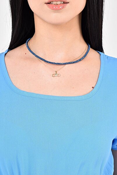 KaSheHa Mavi Eteği Pileli Beli Lastikli Kısa Kollu Dokuma Viskon Kiloş Elbise 90 Cm