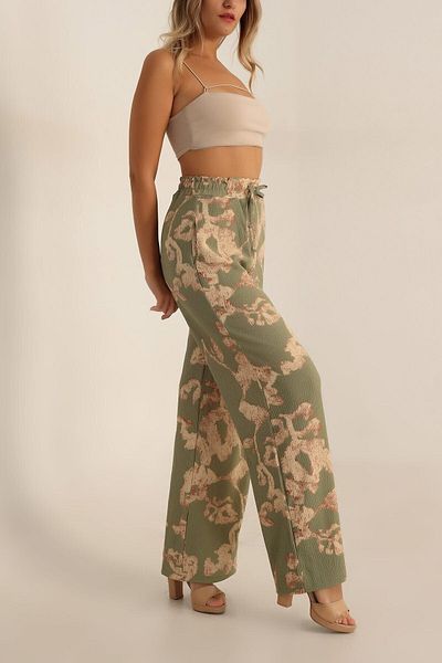 Siyah Kadın Beige Wrinkled Fabric Lace-Up Comfortable Fit Palazzo Trousers