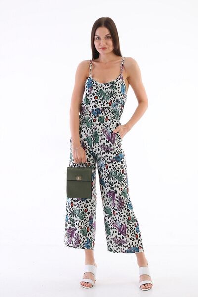 KaSheHa Füme Etnik Desenli Askılı Beli Lastikli Dokuma Viskon Cepli Salaş Tulum 130 Cm