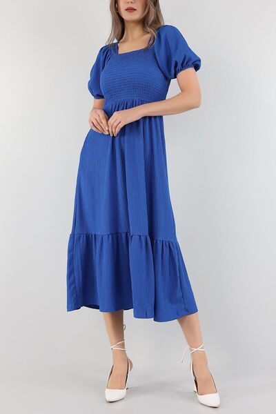 Siyah Kadın Safir Mavisi Bürümcük Kumaş Gipeli Balon Kol Bodrum Elbise 125 Cm