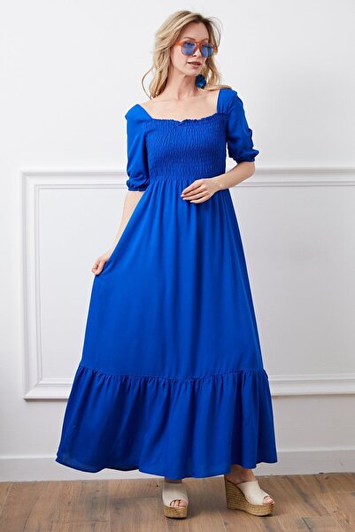 KaSheHa Saks Kare Yaka Beli Gipeli Eteği Pileli Full Esnek Bodrum Elbise 125 Cm