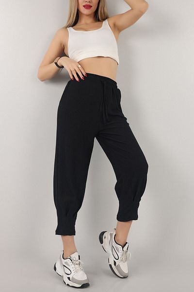 Siyah Kadın Black Leg Drawstring Elastic Waist Lace Up Crinkle Wrinkled Seoul Fabric Pants 88 Cm